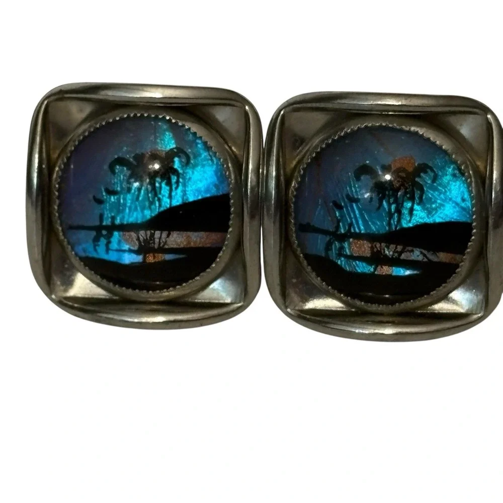 Tropical Island Cufflinks Beach Theme Vacation Vintage Silver‎ Tone Palm Trees